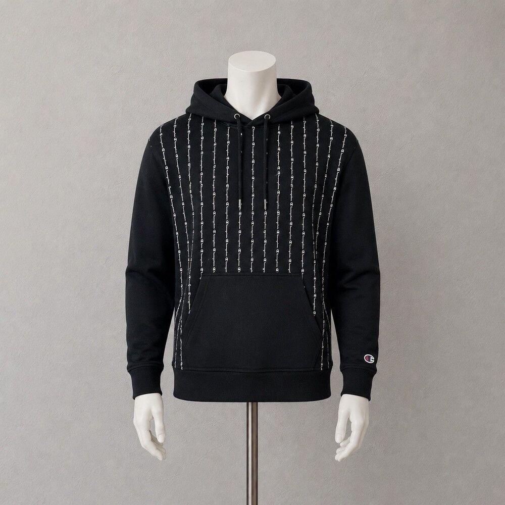 Champion Pinstripe Allover Logo Fleece Pullover Hoodie Black Men's Size M
